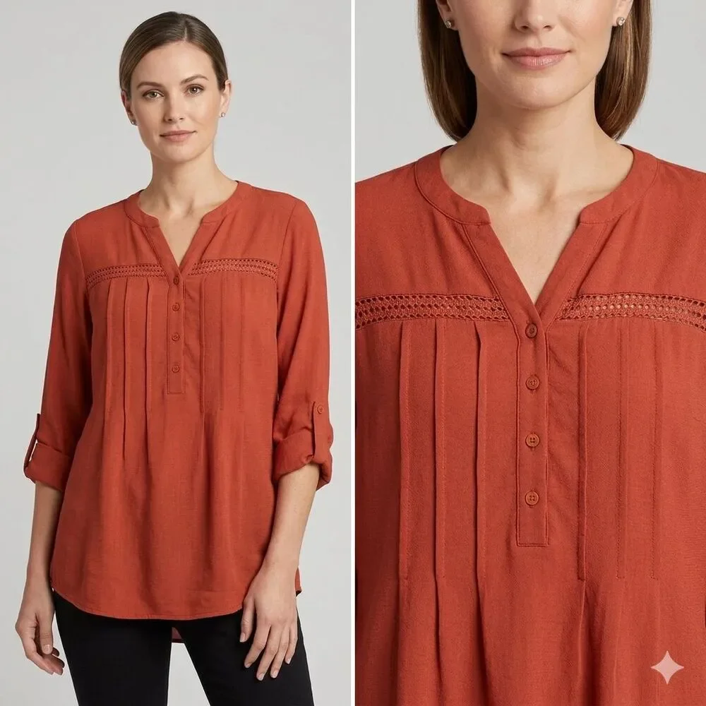 BYdesign Tunic Top Womens Large Orange Crochet Tab Sleeve Button Front Boho - Picture 2 of 13